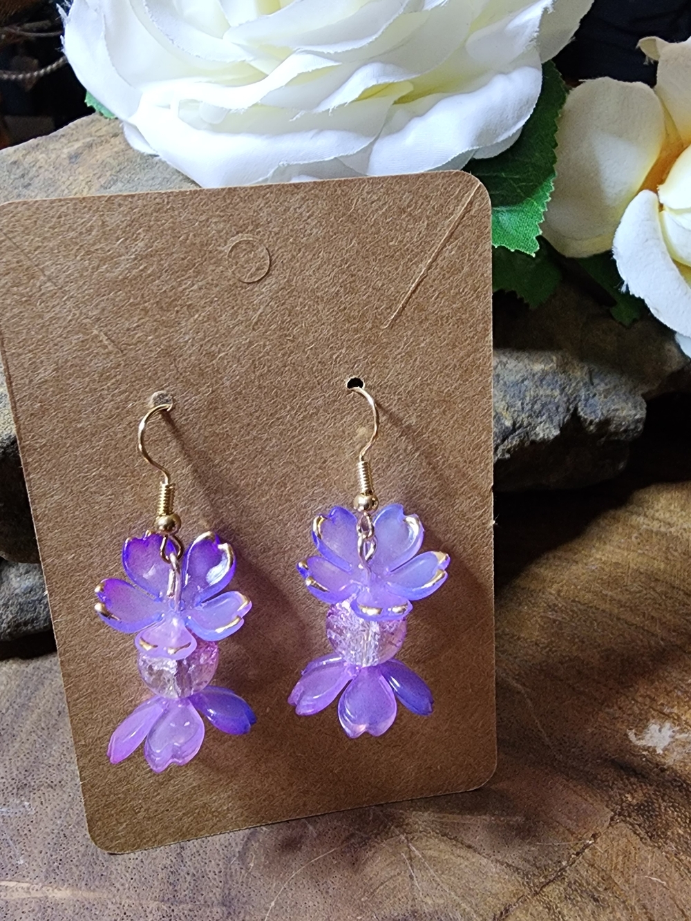 Purple Floral Cherry Blossom Dangle Earrings - Fashion Jewelry